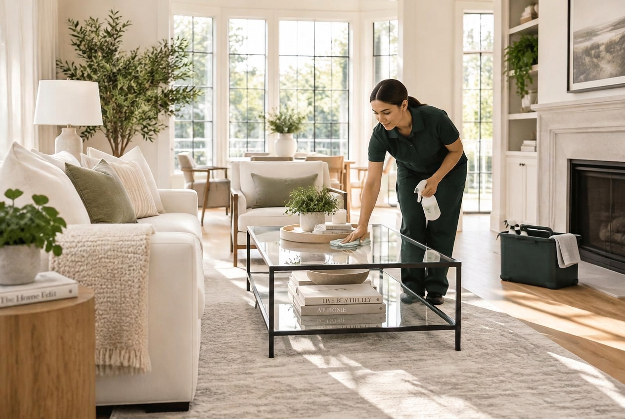 G55 Cleaning professional wiping a glass table in a bright living room
